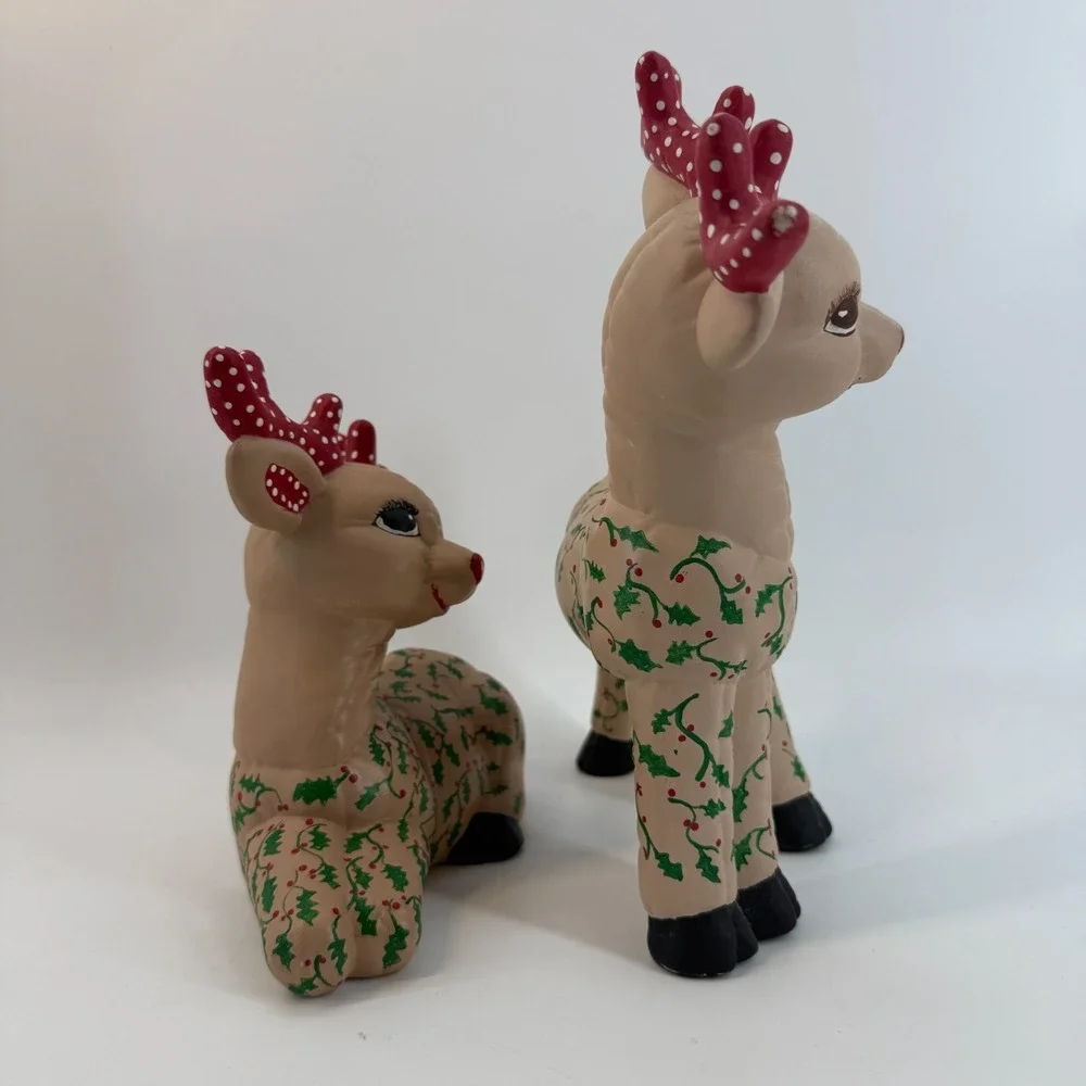 Vintage Kimple Ceramic Molds Christmas Quilted Reindeer Set Figurines Polka Dots